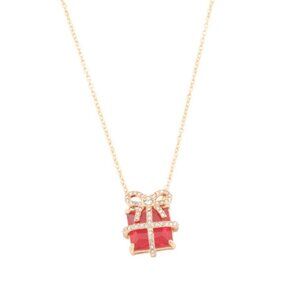 NWT TRUE TO FORM Red & Gold Holiday Gift Box Rhinestone Charm Pendant Necklace